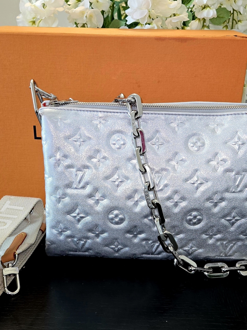 Louis Vuitton Silver Metallic Coussin Embossed Lambskin Leather Bag